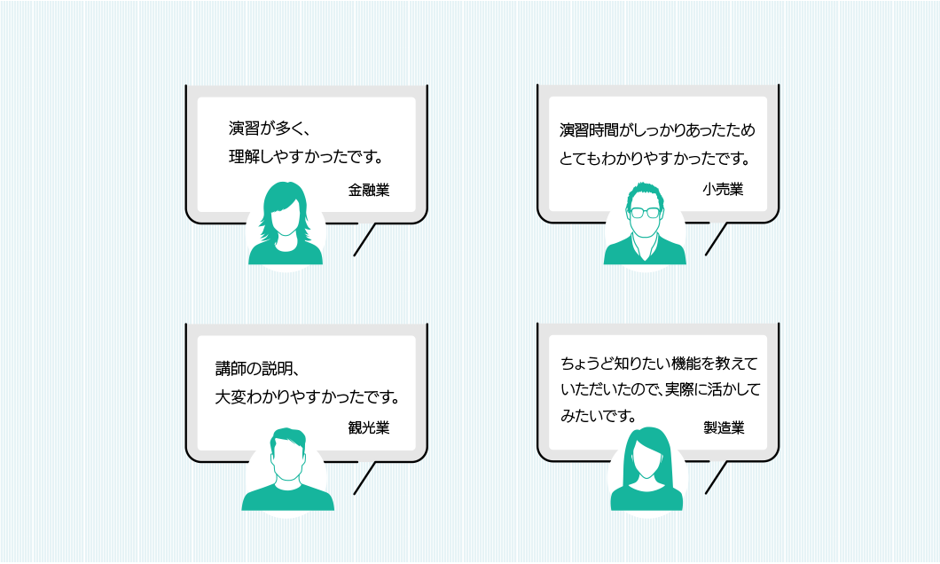 演習が多く、理解がしやすかったです。(金融業)、演習時間がしっかりあったため、とても分かりやすかったです。(小売業)、講師の説明、大変分かりやすかったです。(観光業)、ちょうど知りたい機能を教えていただいたので、実際に活かしてみたいです。(製造業)