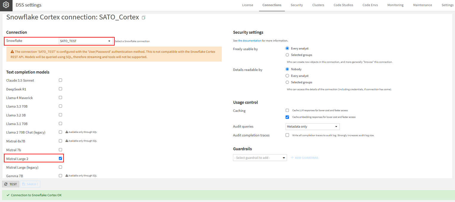 Snowflake Cortexの Connectionの設定画面