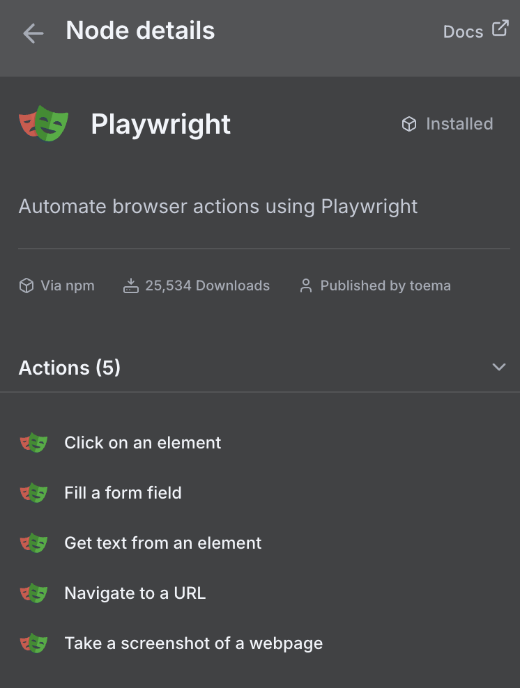 Playwrightのコミュニティノード。基本的なブラウザ操作をn8n内で直接実行できる