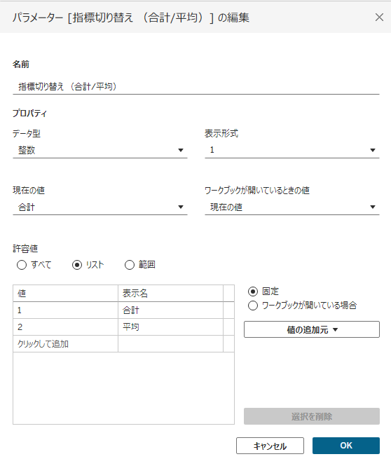 Tableauでパラメーターの値と表示名を設定する例